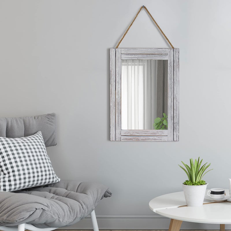 Emaison 12 x 16 in Wall Decorative Mirror, Rustic Wood Frame Rectangular Mirror with Hanging Rope for Entryway, Bedroom, Guest Bathroom, Living Room, Bedroom - Grey - Image 3